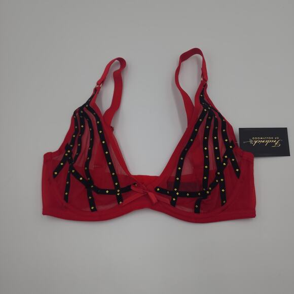 Fredericks of Hollywood Red Rozlyn Mesh Black Stud Bra Sheer Lingerie 32DD - Picture 1 of 8